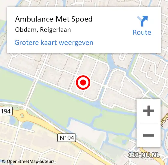 Locatie op kaart van de 112 melding: Ambulance Met Spoed Naar Obdam, Reigerlaan op 10 augustus 2022 03:00