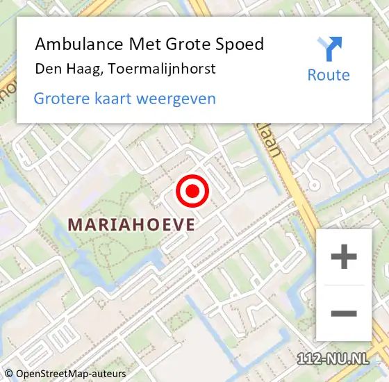 Locatie op kaart van de 112 melding: Ambulance Met Grote Spoed Naar Den Haag, Toermalijnhorst op 10 augustus 2022 07:47