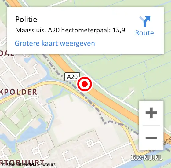 Locatie op kaart van de 112 melding: Politie Maassluis, A20 hectometerpaal: 15,9 op 10 augustus 2022 07:50
