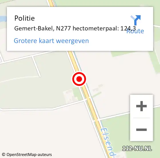 Locatie op kaart van de 112 melding: Politie Gemert-Bakel, N277 hectometerpaal: 124,3 op 10 augustus 2022 08:59