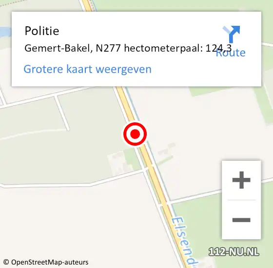 Locatie op kaart van de 112 melding: Politie Gemert-Bakel, N277 hectometerpaal: 124,3 op 10 augustus 2022 09:01