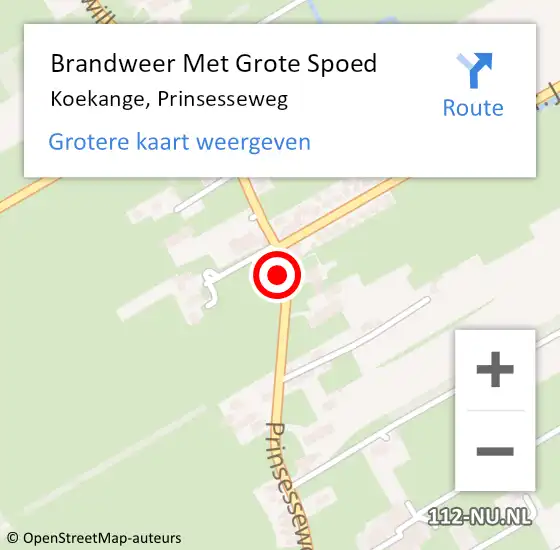 Locatie op kaart van de 112 melding: Brandweer Met Grote Spoed Naar Koekange, Prinsesseweg op 10 augustus 2022 09:54