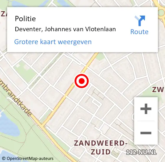 Locatie op kaart van de 112 melding: Politie Deventer, Johannes van Vlotenlaan op 10 augustus 2022 10:19