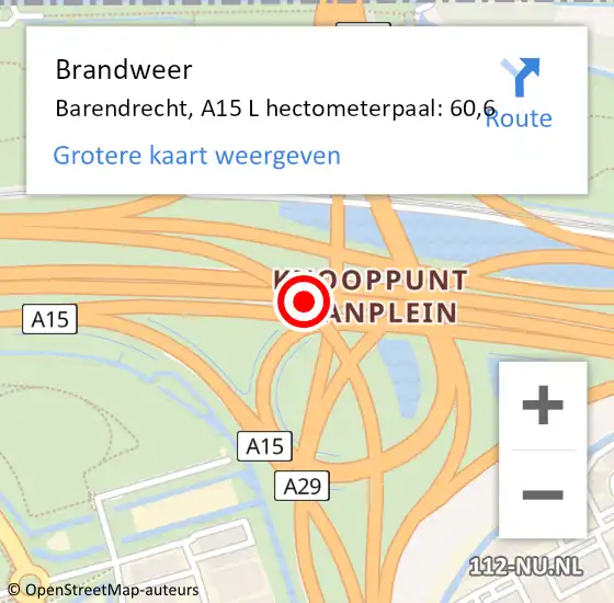 Locatie op kaart van de 112 melding: Brandweer Barendrecht, A15 L hectometerpaal: 60,6 op 25 juli 2014 21:06
