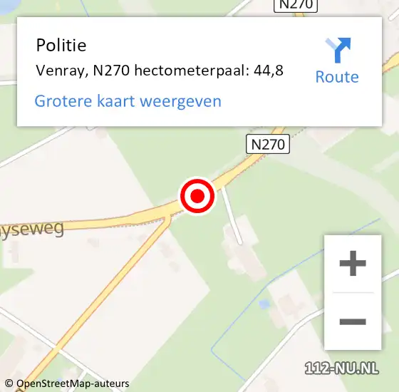 Locatie op kaart van de 112 melding: Politie Venray, N270 hectometerpaal: 44,8 op 10 augustus 2022 11:34