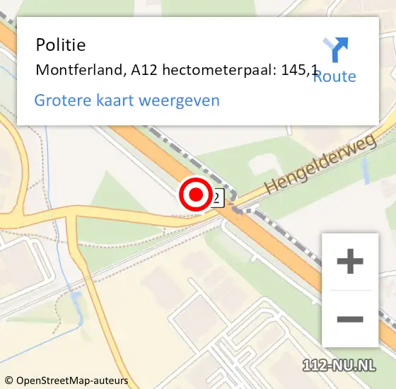 Locatie op kaart van de 112 melding: Politie Montferland, A12 hectometerpaal: 145,1 op 10 augustus 2022 11:47