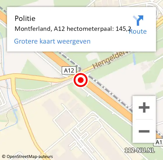 Locatie op kaart van de 112 melding: Politie Montferland, A12 hectometerpaal: 145,2 op 10 augustus 2022 11:48