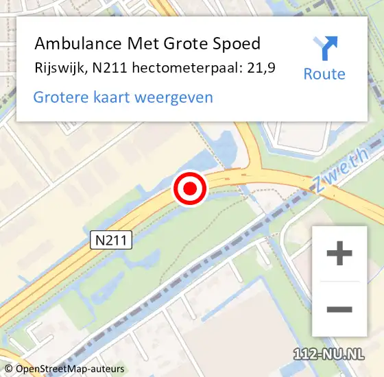 Locatie op kaart van de 112 melding: Ambulance Met Grote Spoed Naar Rijswijk, N211 hectometerpaal: 21,9 op 10 augustus 2022 12:04