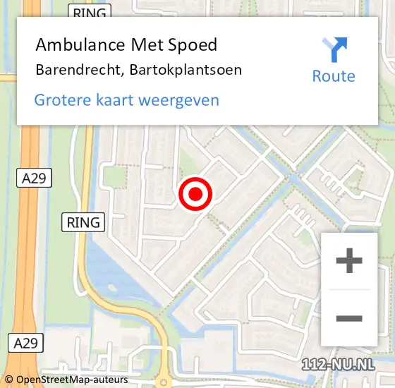 Locatie op kaart van de 112 melding: Ambulance Met Spoed Naar Barendrecht, Bartokplantsoen op 10 augustus 2022 12:21