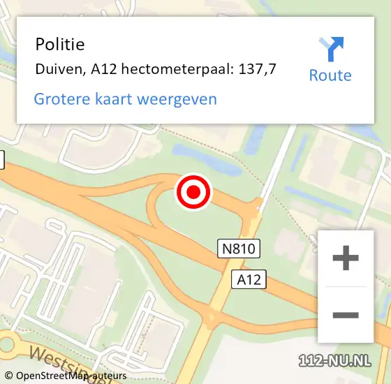 Locatie op kaart van de 112 melding: Politie Duiven, A12 hectometerpaal: 137,7 op 10 augustus 2022 13:04