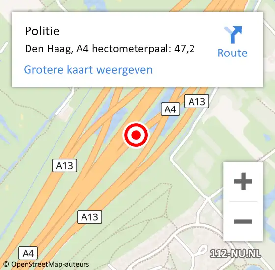 Locatie op kaart van de 112 melding: Politie Den Haag, A4 hectometerpaal: 47,2 op 10 augustus 2022 13:34