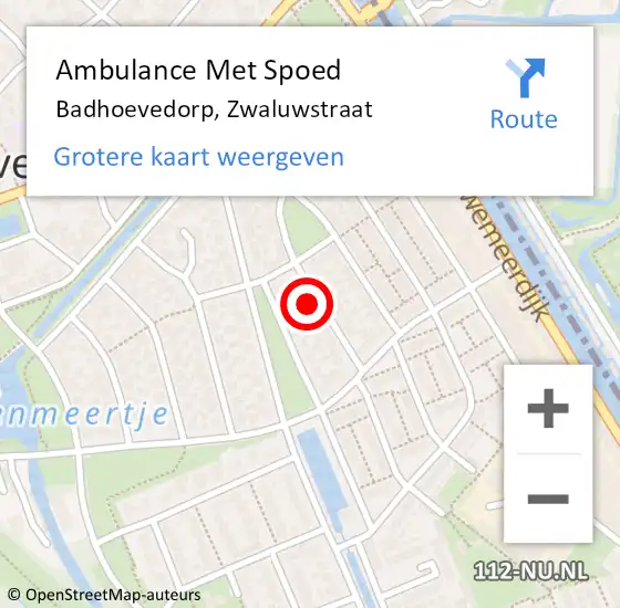 Locatie op kaart van de 112 melding: Ambulance Met Spoed Naar Badhoevedorp, Zwaluwstraat op 10 augustus 2022 13:37