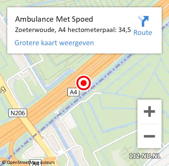 Locatie op kaart van de 112 melding: Ambulance Met Spoed Naar Zoeterwoude, A4 hectometerpaal: 34,5 op 10 augustus 2022 13:43