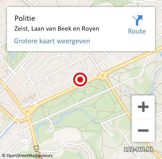 Locatie op kaart van de 112 melding: Politie Zeist, Laan van Beek en Royen op 10 augustus 2022 14:46