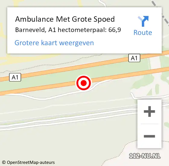 Locatie op kaart van de 112 melding: Ambulance Met Grote Spoed Naar Barneveld, A1 hectometerpaal: 66,9 op 10 augustus 2022 15:09