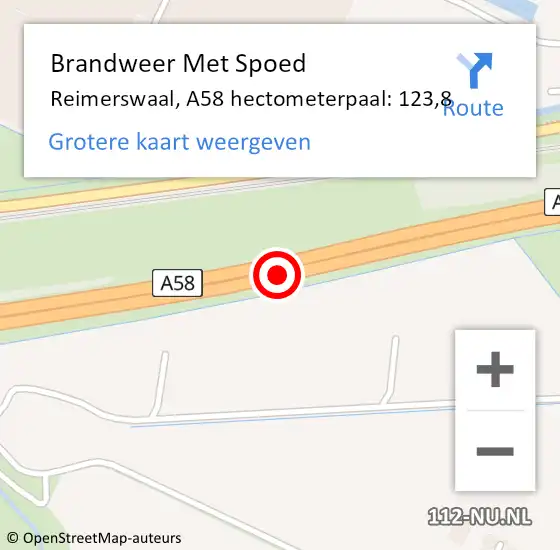 Locatie op kaart van de 112 melding: Brandweer Met Spoed Naar Reimerswaal, A58 hectometerpaal: 123,8 op 10 augustus 2022 15:31