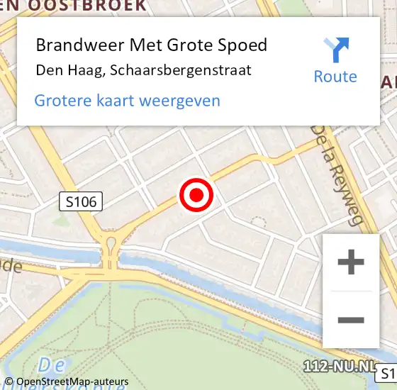Locatie op kaart van de 112 melding: Brandweer Met Grote Spoed Naar Den Haag, Schaarsbergenstraat op 10 augustus 2022 16:44