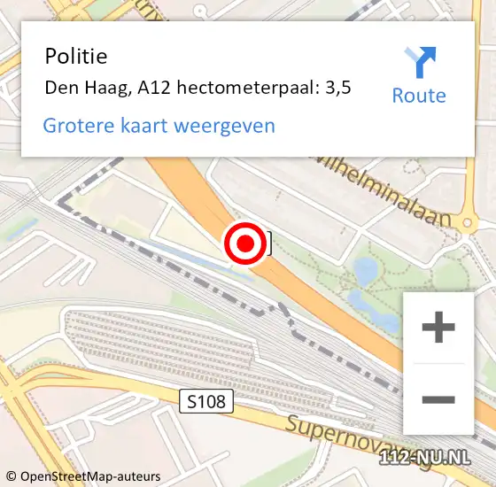 Locatie op kaart van de 112 melding: Politie Den Haag, A12 hectometerpaal: 3,5 op 10 augustus 2022 17:52