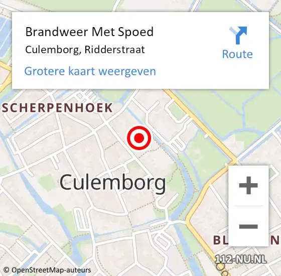 Locatie op kaart van de 112 melding: Brandweer Met Spoed Naar Culemborg, Ridderstraat op 10 augustus 2022 17:55