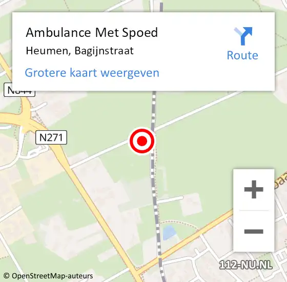 Locatie op kaart van de 112 melding: Ambulance Met Spoed Naar Heumen, Bagijnstraat op 10 augustus 2022 18:06