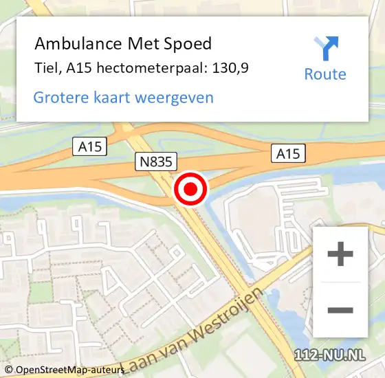 Locatie op kaart van de 112 melding: Ambulance Met Spoed Naar Tiel, A15 hectometerpaal: 130,9 op 10 augustus 2022 19:01