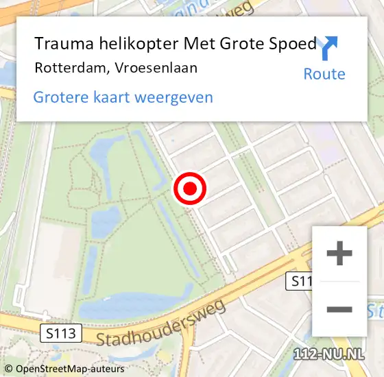 Locatie op kaart van de 112 melding: Trauma helikopter Met Grote Spoed Naar Rotterdam, Vroesenlaan op 10 augustus 2022 19:41