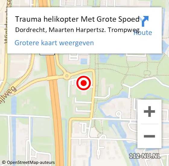 Locatie op kaart van de 112 melding: Trauma helikopter Met Grote Spoed Naar Dordrecht, Maarten Harpertsz. Trompweg op 10 augustus 2022 21:19