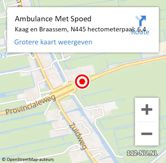 Locatie op kaart van de 112 melding: Ambulance Met Spoed Naar Kaag en Braassem, N445 hectometerpaal: 6,4 op 10 augustus 2022 21:33