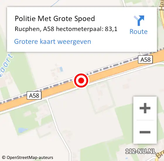Locatie op kaart van de 112 melding: Politie Met Grote Spoed Naar Rucphen, A58 hectometerpaal: 83,1 op 10 augustus 2022 22:06