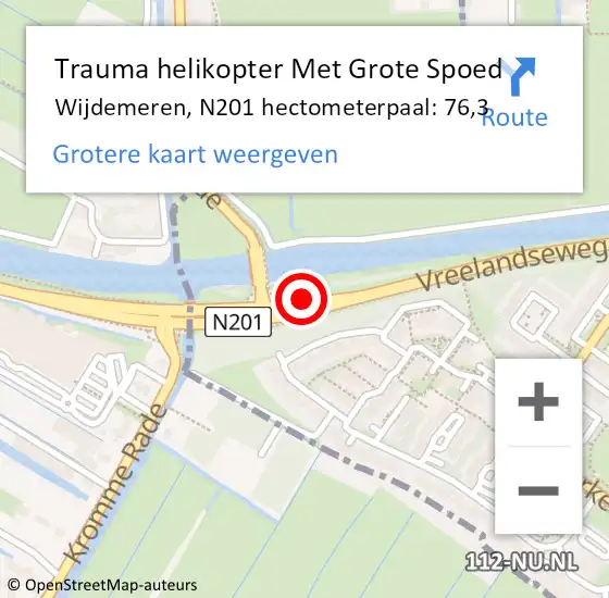 Locatie op kaart van de 112 melding: Trauma helikopter Met Grote Spoed Naar Wijdemeren, N201 hectometerpaal: 76,3 op 10 augustus 2022 23:23