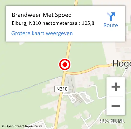 Locatie op kaart van de 112 melding: Brandweer Met Spoed Naar Elburg, N310 hectometerpaal: 105,8 op 11 augustus 2022 00:29