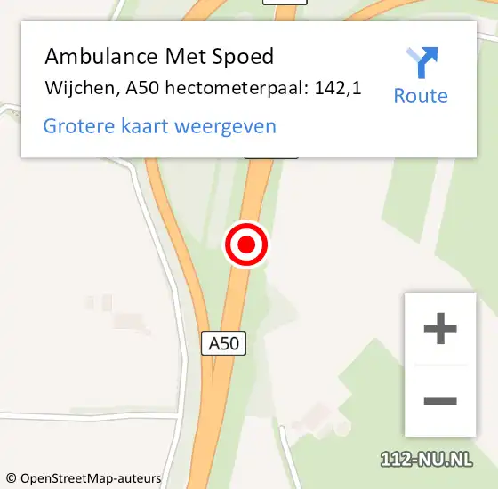 Locatie op kaart van de 112 melding: Ambulance Met Spoed Naar Wijchen, A50 hectometerpaal: 142,1 op 11 augustus 2022 05:22