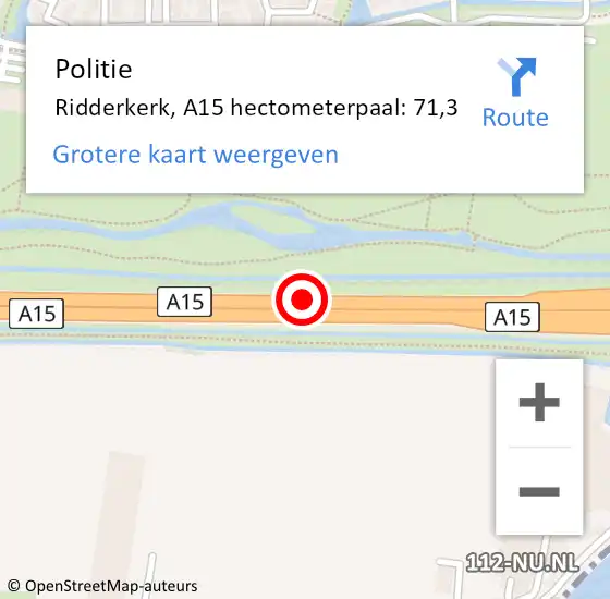 Locatie op kaart van de 112 melding: Politie Ridderkerk, A15 hectometerpaal: 71,3 op 11 augustus 2022 09:19