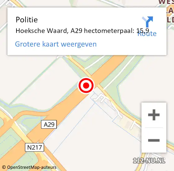 Locatie op kaart van de 112 melding: Politie Hoeksche Waard, A29 hectometerpaal: 15,9 op 11 augustus 2022 10:14