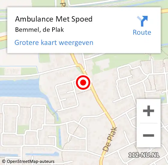 Locatie op kaart van de 112 melding: Ambulance Met Spoed Naar Bemmel, de Plak op 11 augustus 2022 10:37