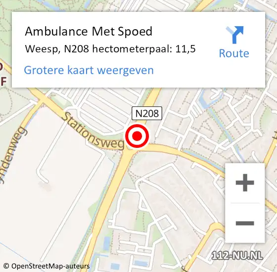 Locatie op kaart van de 112 melding: Ambulance Met Spoed Naar Weesp, N208 hectometerpaal: 11,5 op 11 augustus 2022 11:00