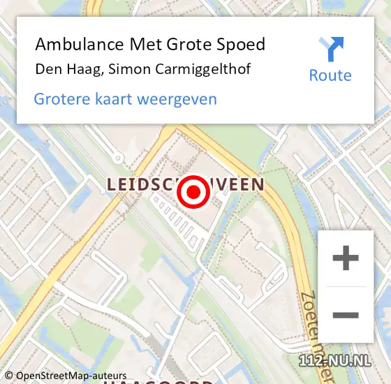 Locatie op kaart van de 112 melding: Ambulance Met Grote Spoed Naar Den Haag, Simon Carmiggelthof op 11 augustus 2022 12:36