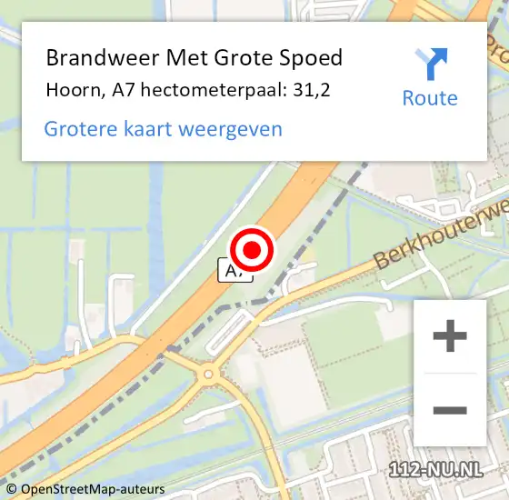 Locatie op kaart van de 112 melding: Brandweer Met Grote Spoed Naar Hoorn, A7 hectometerpaal: 31,2 op 11 augustus 2022 14:05