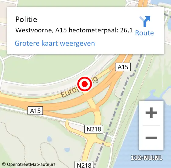 Locatie op kaart van de 112 melding: Politie Westvoorne, A15 hectometerpaal: 26,1 op 11 augustus 2022 14:07