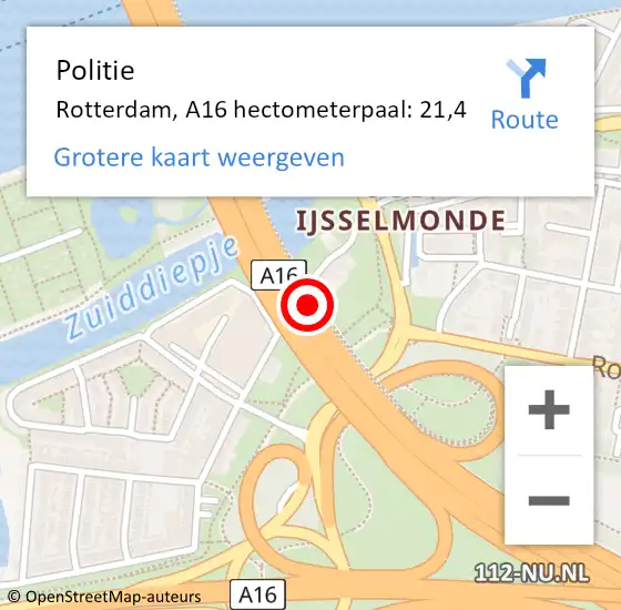 Locatie op kaart van de 112 melding: Politie Rotterdam, A16 hectometerpaal: 21,4 op 11 augustus 2022 14:25