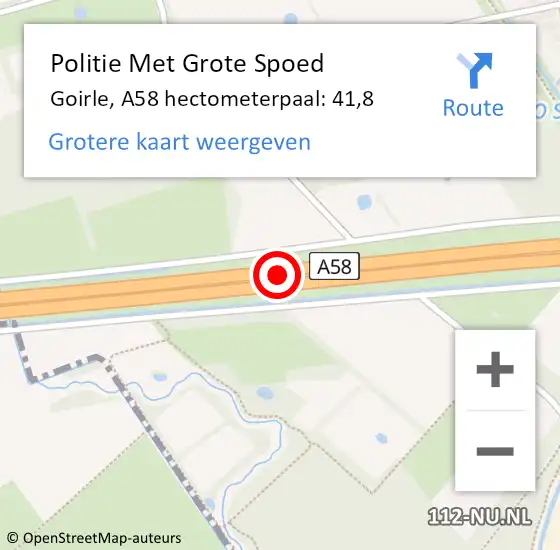 Locatie op kaart van de 112 melding: Politie Met Grote Spoed Naar Goirle, A58 hectometerpaal: 41,8 op 11 augustus 2022 15:10