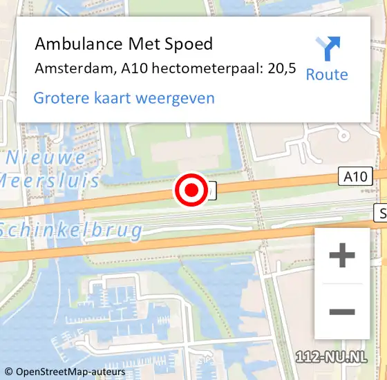 Locatie op kaart van de 112 melding: Ambulance Met Spoed Naar Amsterdam, A10 hectometerpaal: 20,5 op 11 augustus 2022 15:14