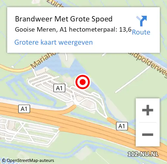 Locatie op kaart van de 112 melding: Brandweer Met Grote Spoed Naar Gooise Meren, A1 hectometerpaal: 13,6 op 11 augustus 2022 15:52