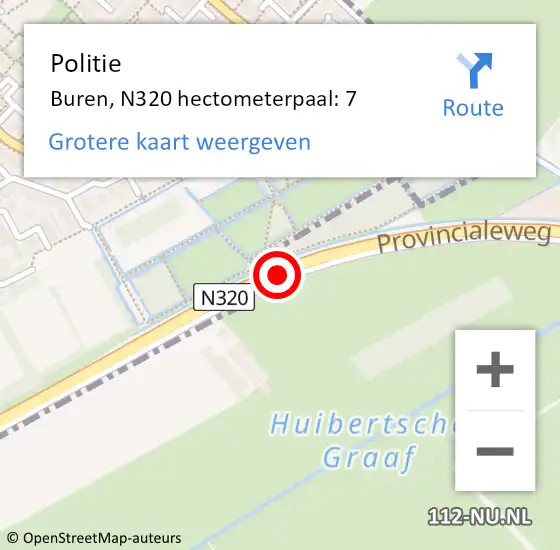 Locatie op kaart van de 112 melding: Politie Buren, N320 hectometerpaal: 7 op 11 augustus 2022 16:14