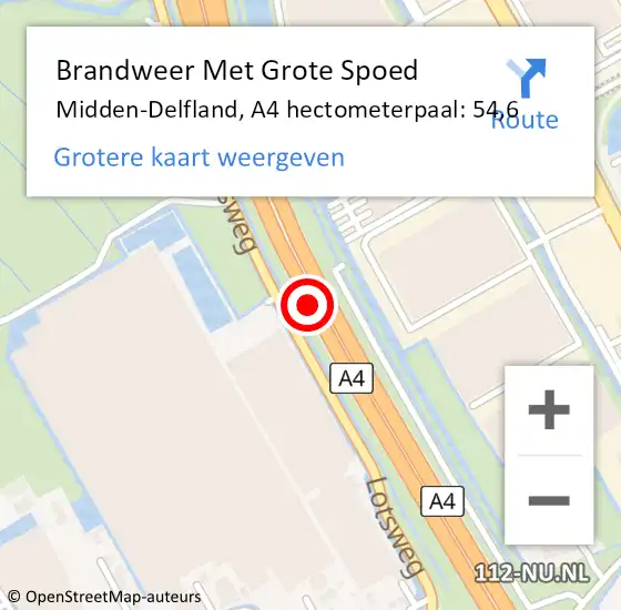 Locatie op kaart van de 112 melding: Brandweer Met Grote Spoed Naar Midden-Delfland, A4 hectometerpaal: 54,6 op 11 augustus 2022 16:51