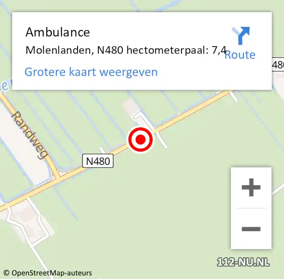 Locatie op kaart van de 112 melding: Ambulance Molenlanden, N480 hectometerpaal: 7,4 op 11 augustus 2022 22:35