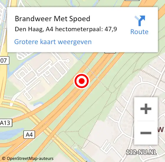 Locatie op kaart van de 112 melding: Brandweer Met Spoed Naar Den Haag, A4 hectometerpaal: 47,9 op 11 augustus 2022 23:57