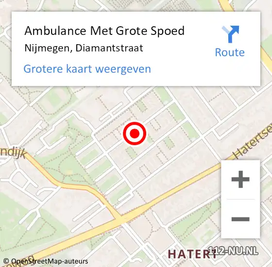 Locatie op kaart van de 112 melding: Ambulance Met Grote Spoed Naar Nijmegen, Diamantstraat op 12 augustus 2022 01:13