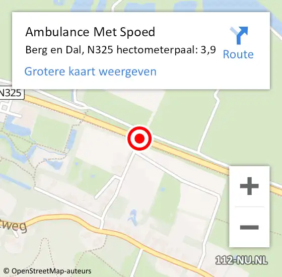 Locatie op kaart van de 112 melding: Ambulance Met Spoed Naar Berg en Dal, N325 hectometerpaal: 3,9 op 12 augustus 2022 05:38