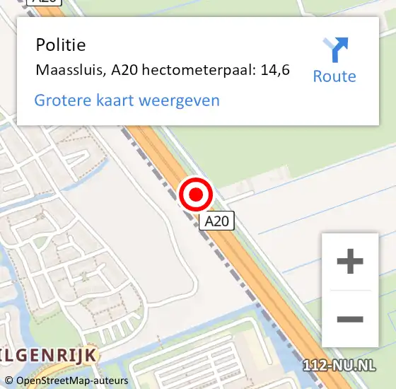 Locatie op kaart van de 112 melding: Politie Maassluis, A20 hectometerpaal: 14,6 op 12 augustus 2022 07:08